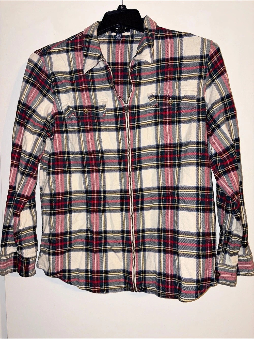 Chaps Plaid Zip Front Shirt Cream & Blue Size Large Like New